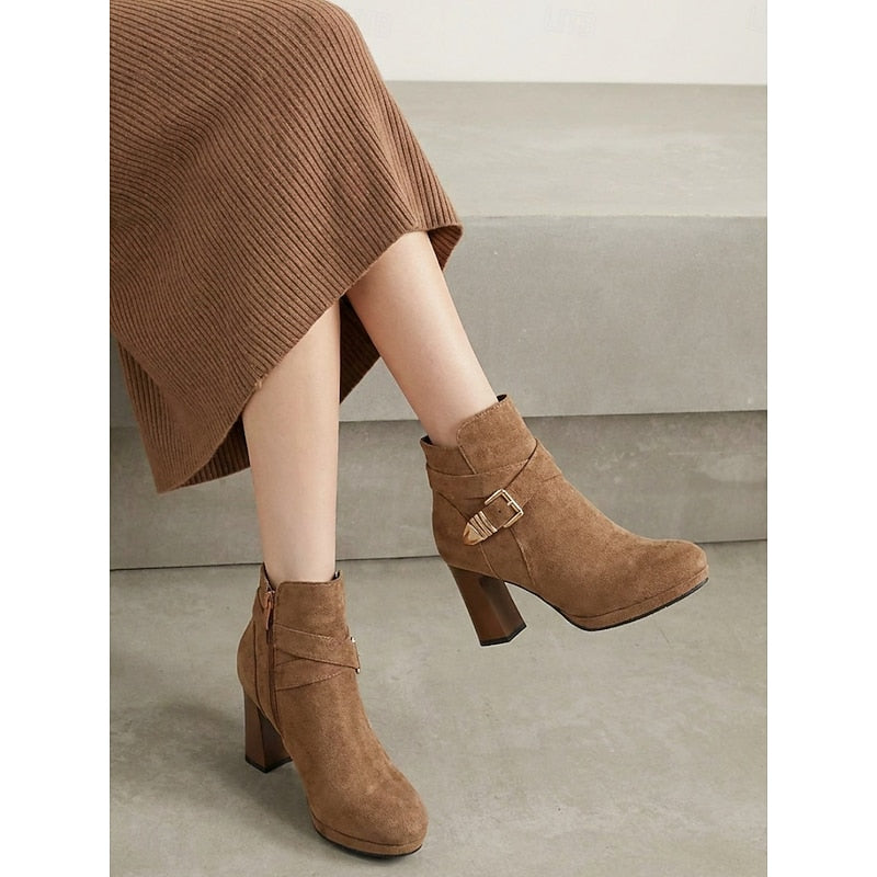 Women's Ankle Boots with Buckle Strap and Block Heel in 3 Colors