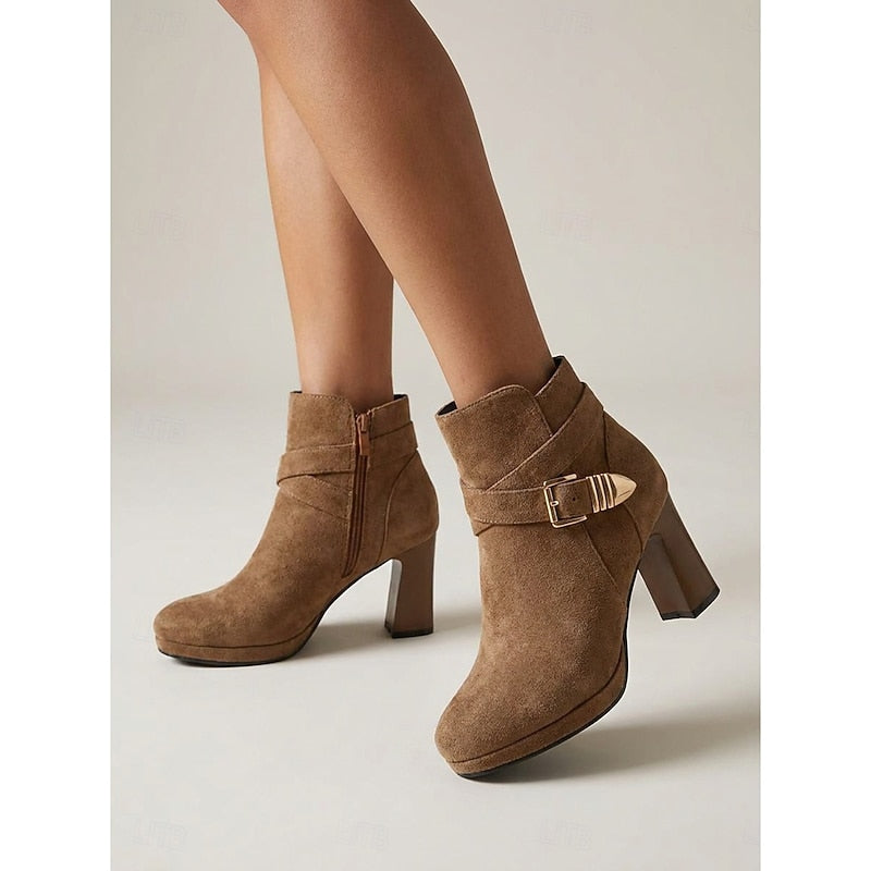 Women's buckle strap ankle boots in light brown – worn