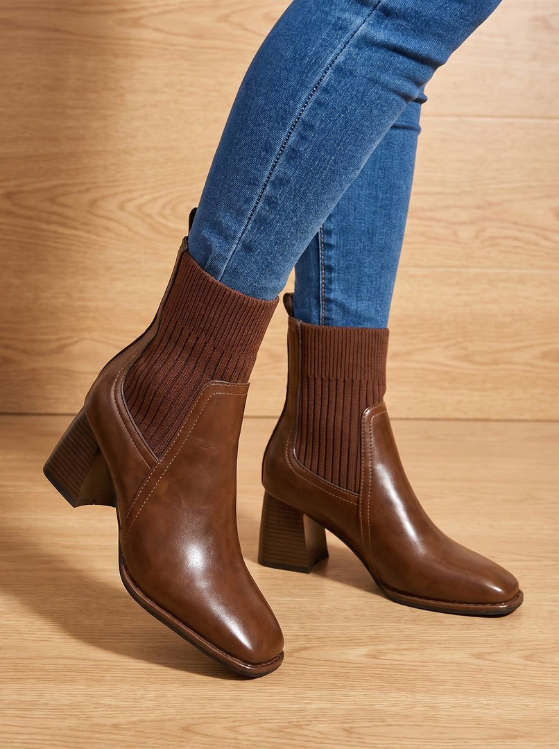 Women's Ankle Boots with Knit Shaft and Block Heel in 2 Colors for Autumn Days