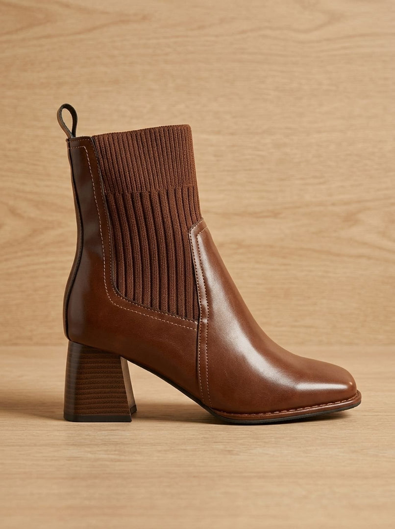 Women's knit shaft ankle boots in brown – side view
