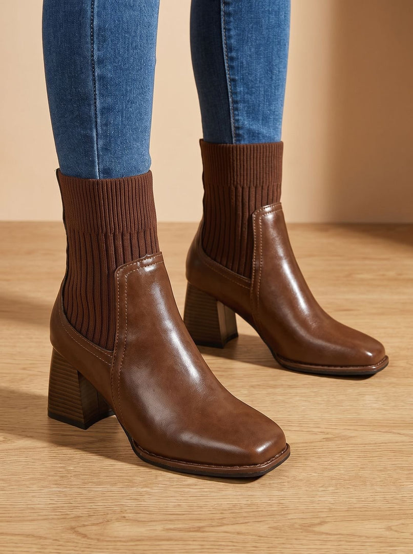 Women's knit shaft ankle boots in brown – front view