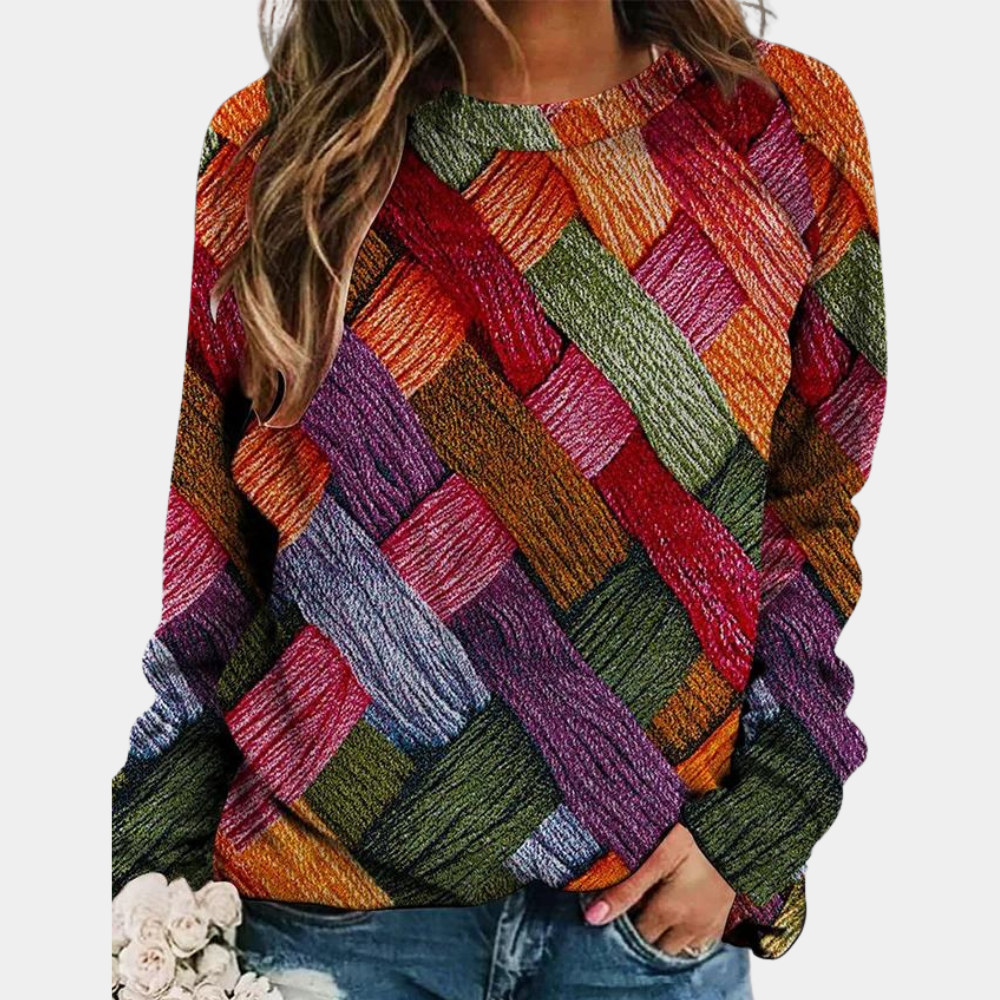 Women's Basket Weave Print Sweater in earth multi