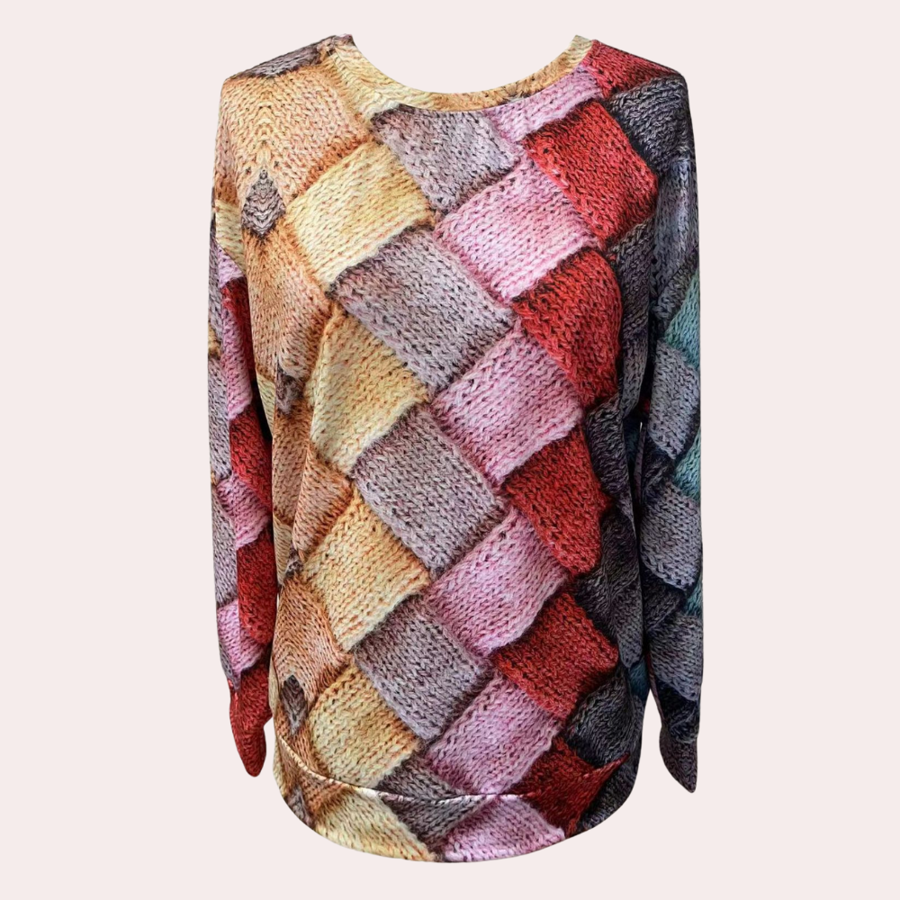 Women's basket weave print sweater in pink multi – front laid flat