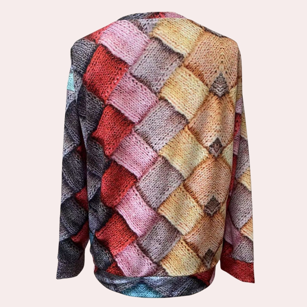 Women's basket weave print sweater in pink multi – back laid flat