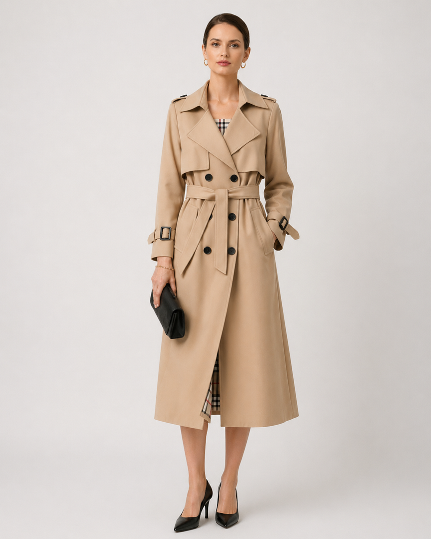 Women's Belted Trench Coat with Double-Breasted Front in 3 Colors