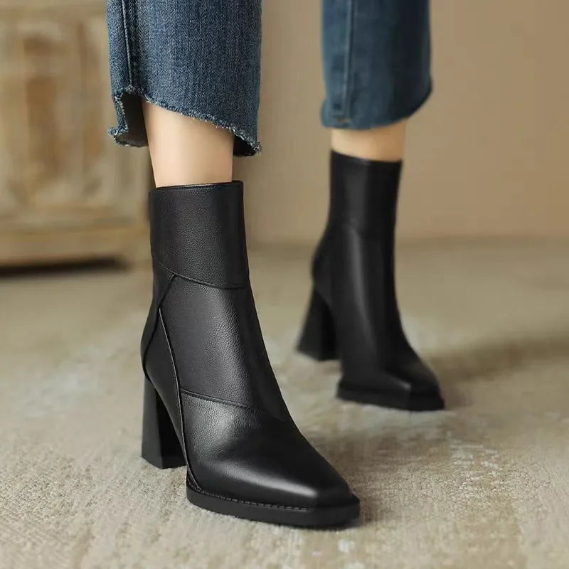 Women's square toe block heel boots in black – side view