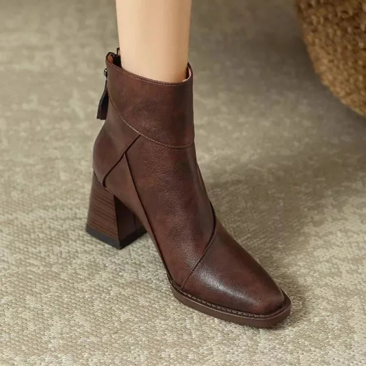 Women's square toe block heel boots in brown – back view