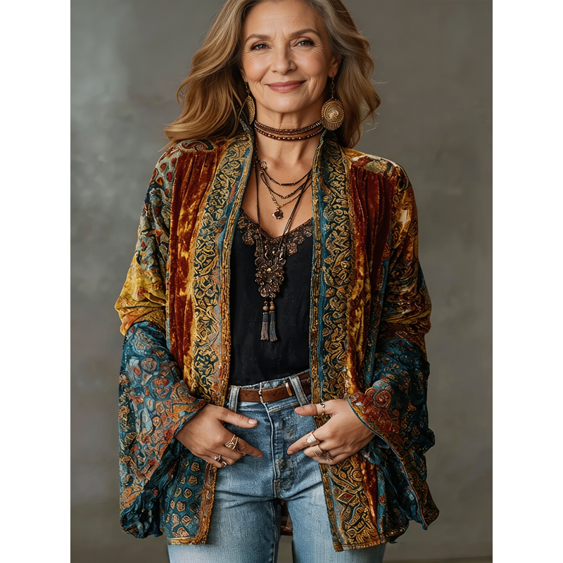 Women's bohemian kimono jacket in burgundy – front view