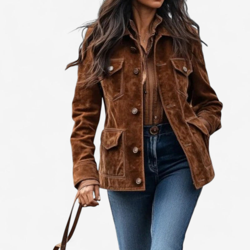 Women's boho suede look jacket in brown – side view