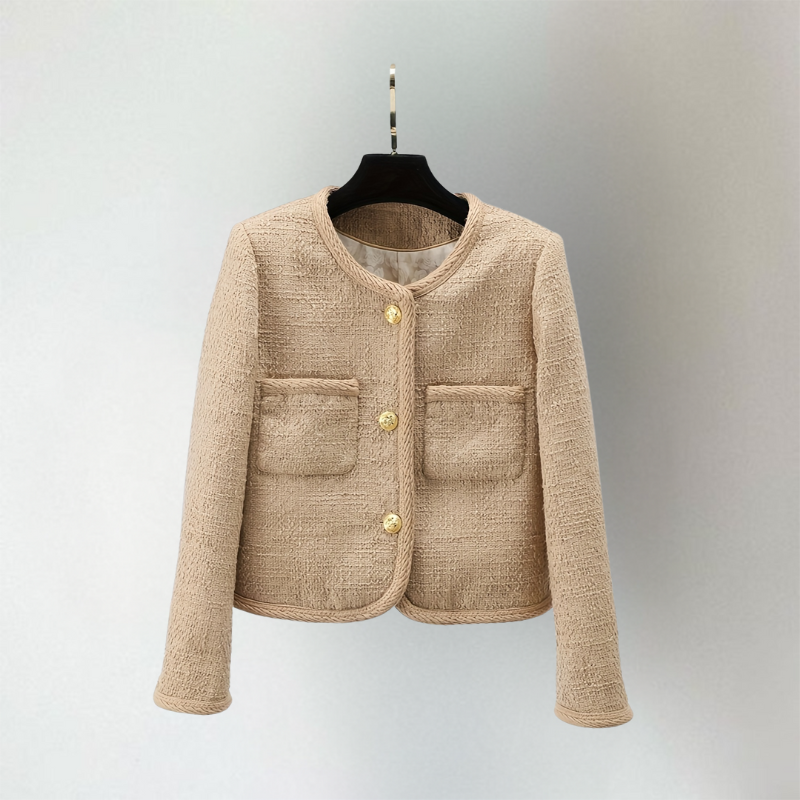Women's Boucle-Look Cropped Jacket with Gold Buttons and Pockets in Cream