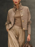 Women's boucle-look cropped jacket in brown – front view
