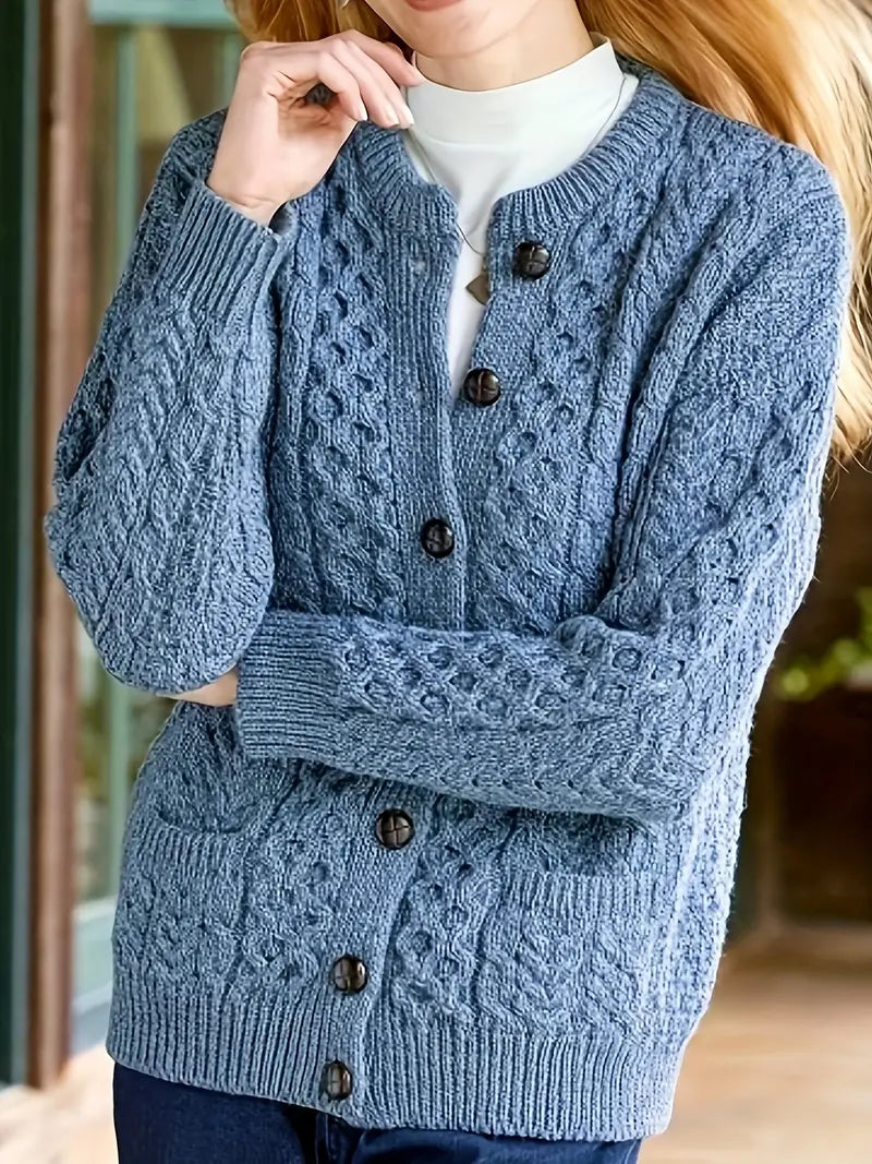 Women's Cable Knit Cardigan with Round Neck and Buttons in 6 Colors