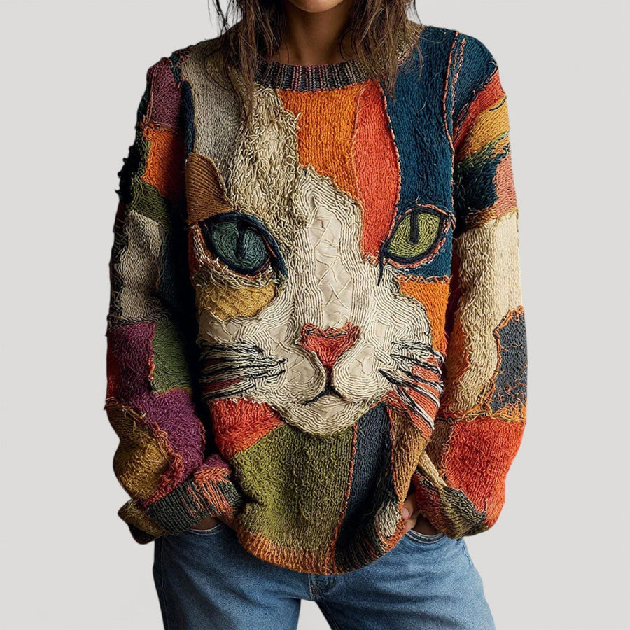Women's Cat Print Knit Sweater with Round Neck for Cosy Days