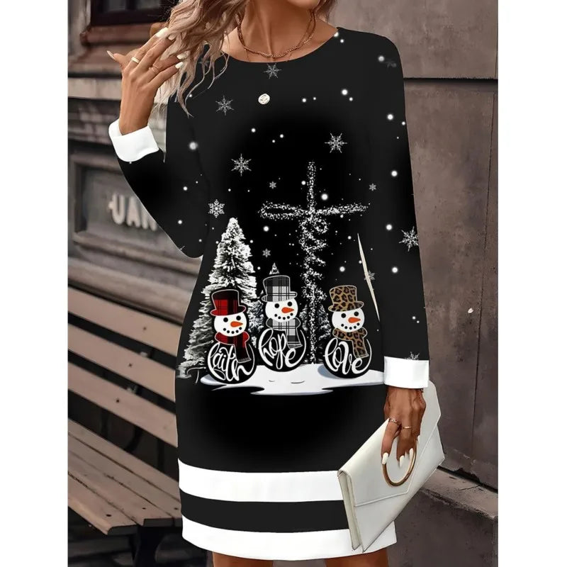 Women's Christmas Knit Dress with Winter Print and Long Sleeves in 4 Designs