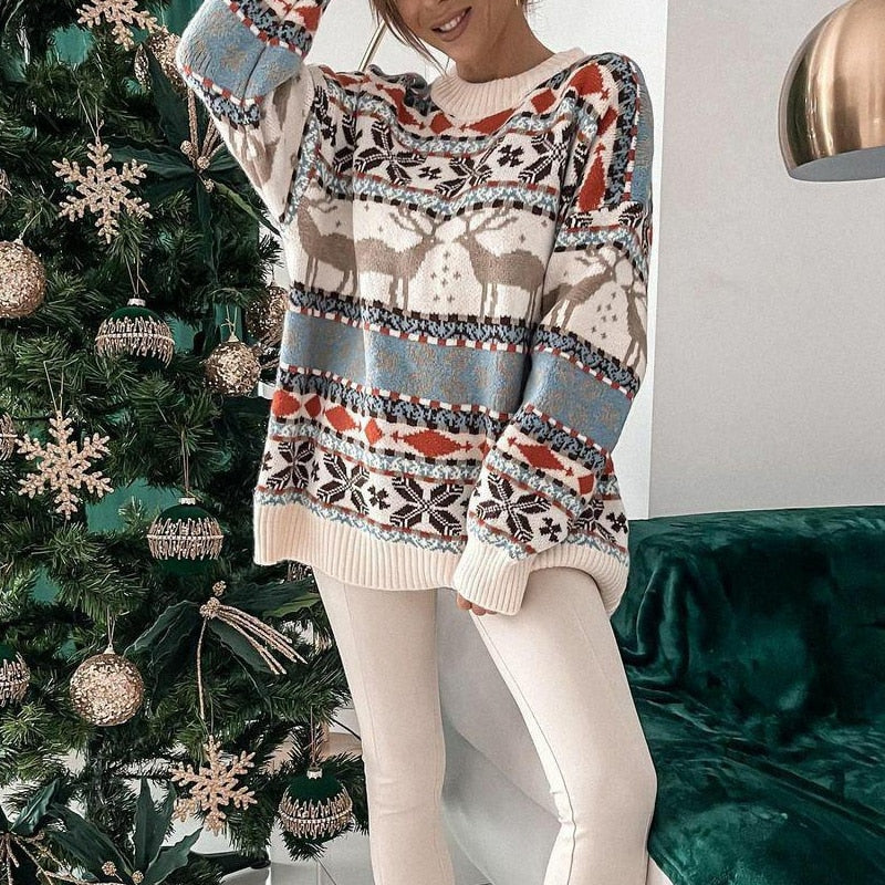Women's Christmas Sweater with Reindeer Pattern in 3 Colors for Festive Days