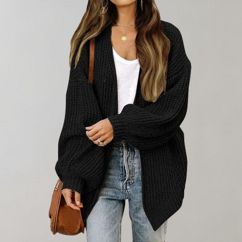 Women's Chunky Knit Open Front Cardigan with Balloon Sleeves