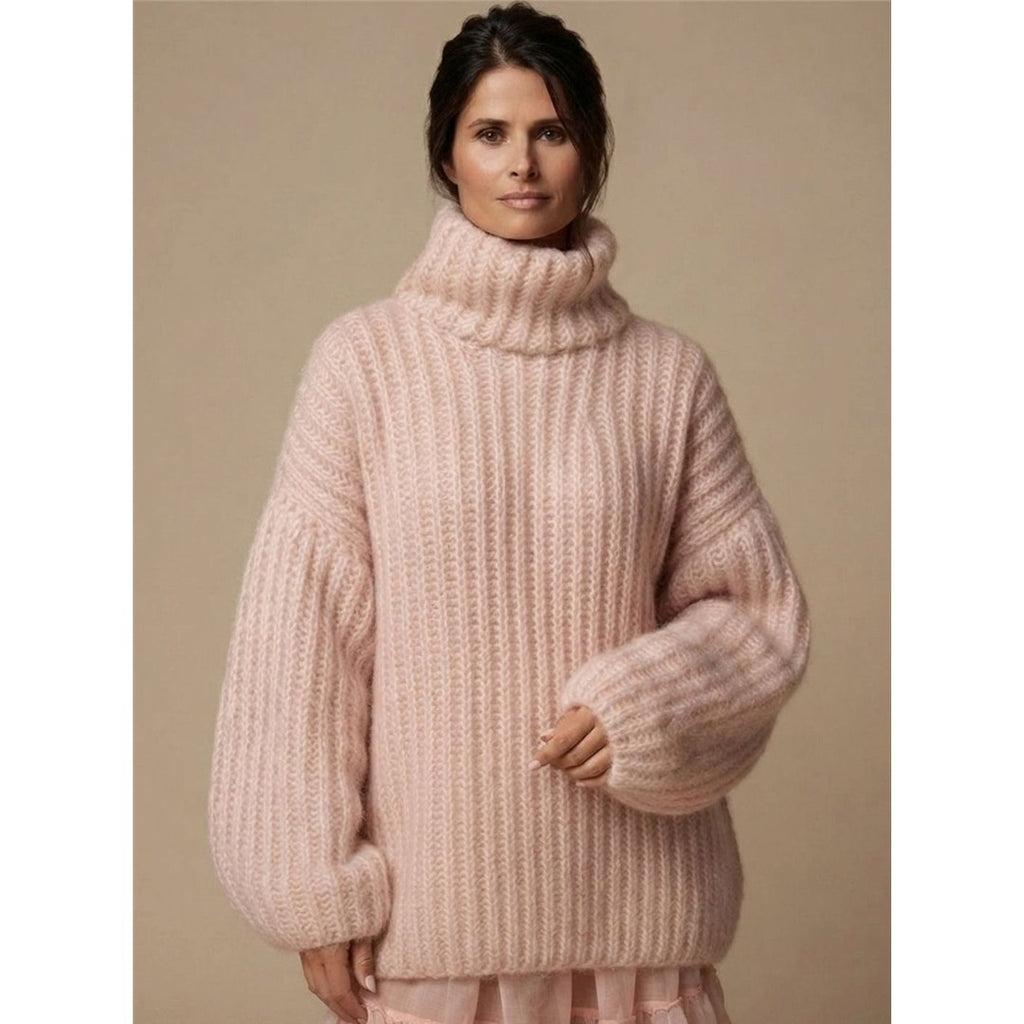 Women's Chunky Ribbed Turtleneck Sweater in pink