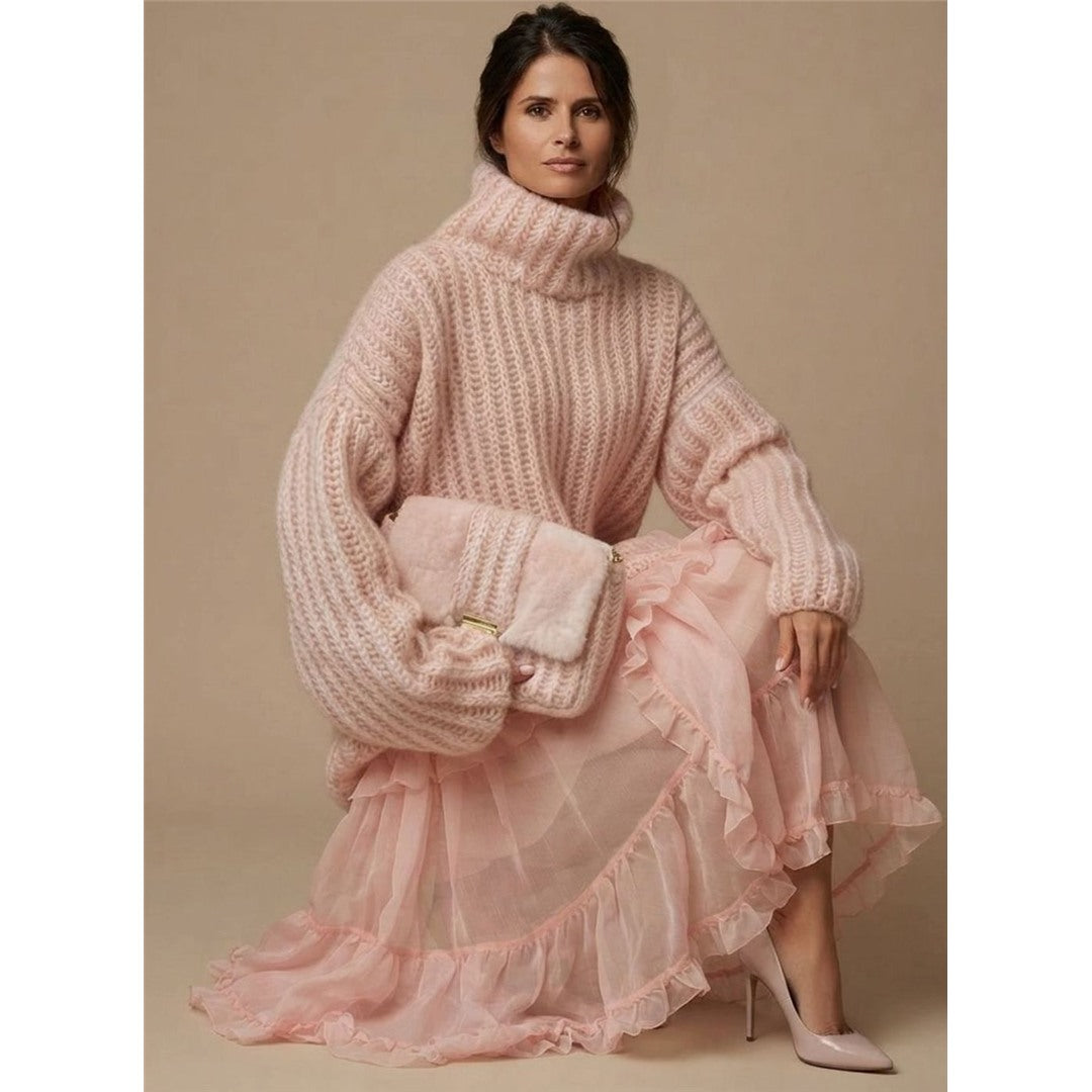 Women's Chunky Ribbed Turtleneck Sweater in pink, styled with a skirt