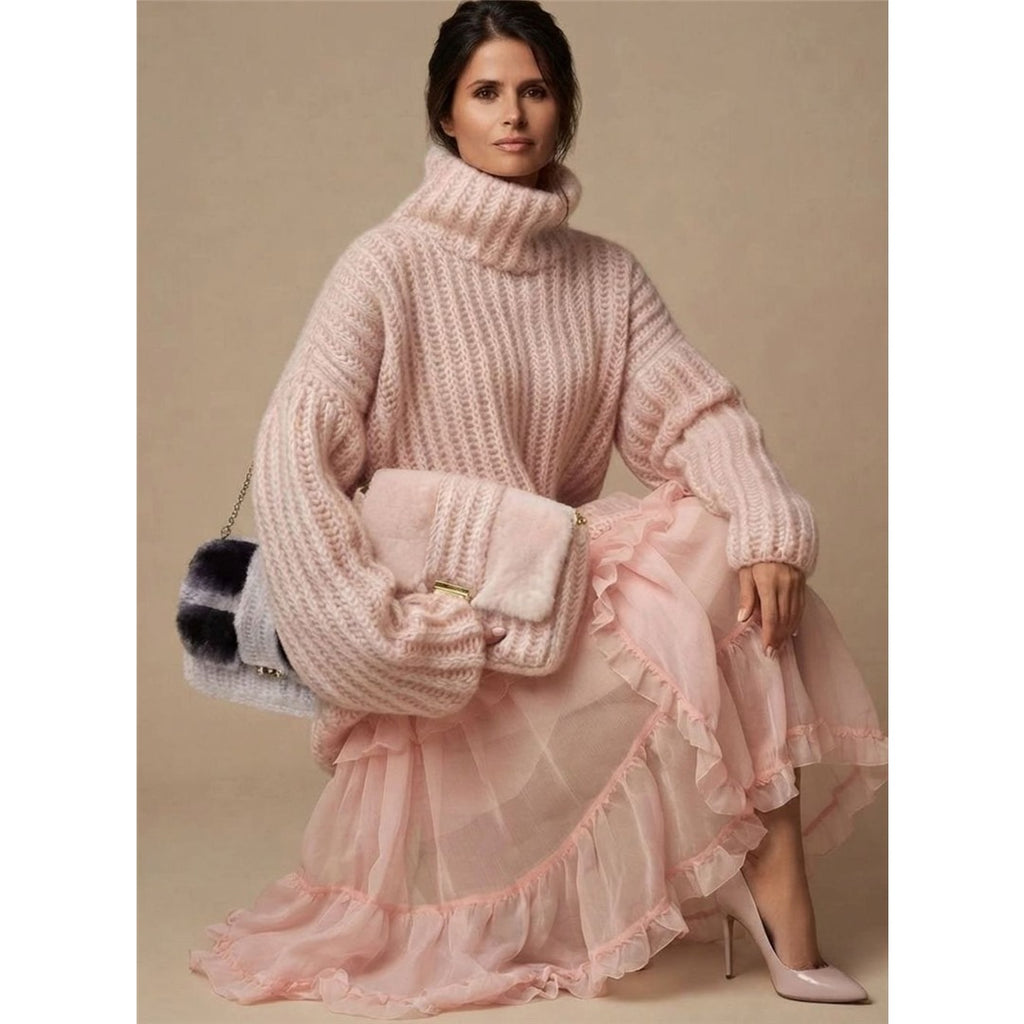 Women's Chunky Ribbed Turtleneck Sweater in pink, seated view