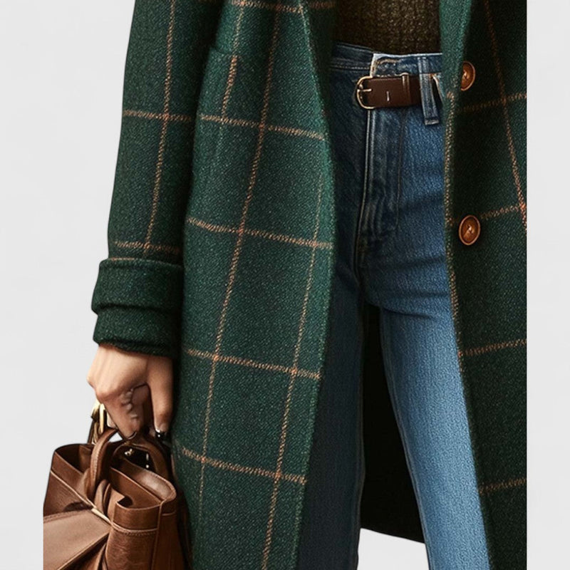 Women's classic check coat in dark green – back view