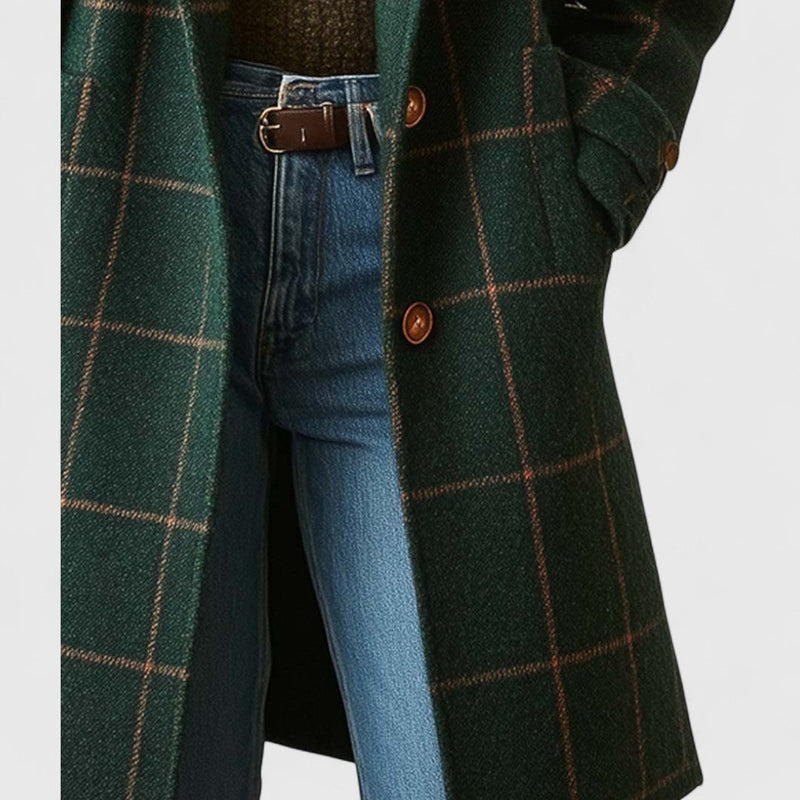 Women's classic check coat in dark green – detail view