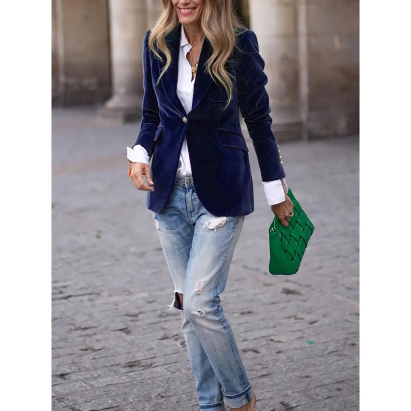 Women's classic one-button blazer in dark green – styled look