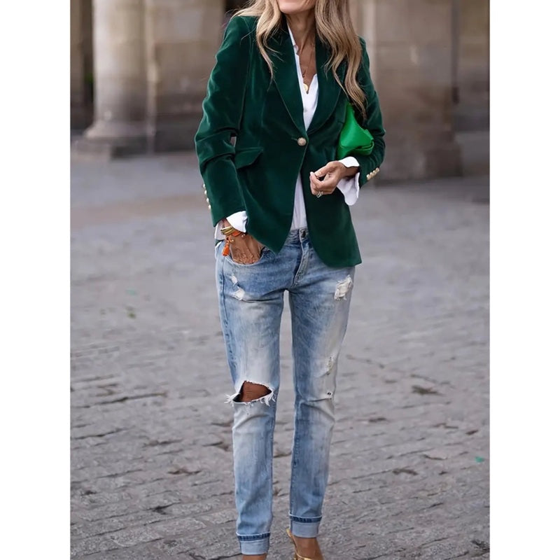 Women's classic one-button blazer in dark green – full-length look