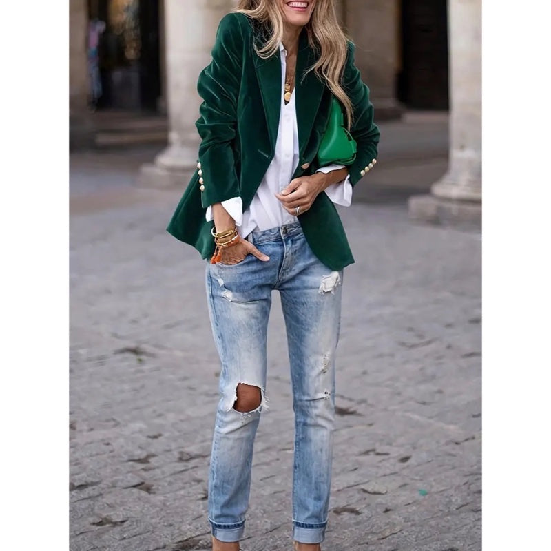 Women's classic one-button blazer in dark green – outfit view