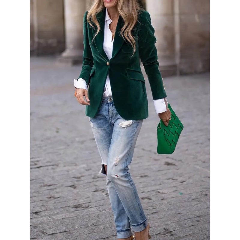 Women's classic one-button blazer in dark green – side look