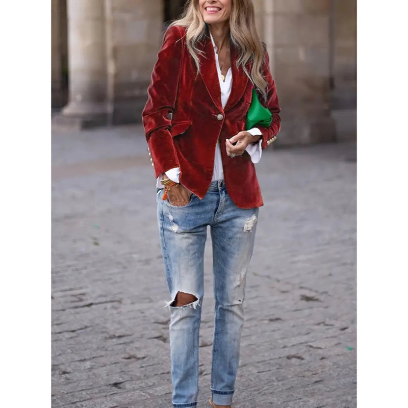Women's classic one-button blazer in red – full-length look