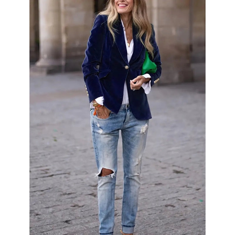 Women's classic one-button blazer in navy – alternate view