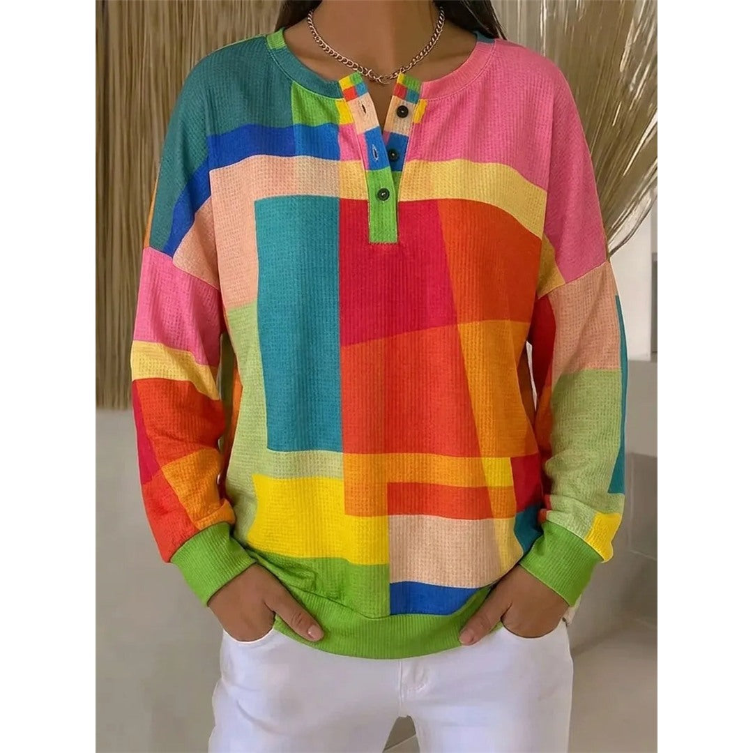Women's Colorful Block Print Henley Sweatshirt with Button Neckline in multicolor