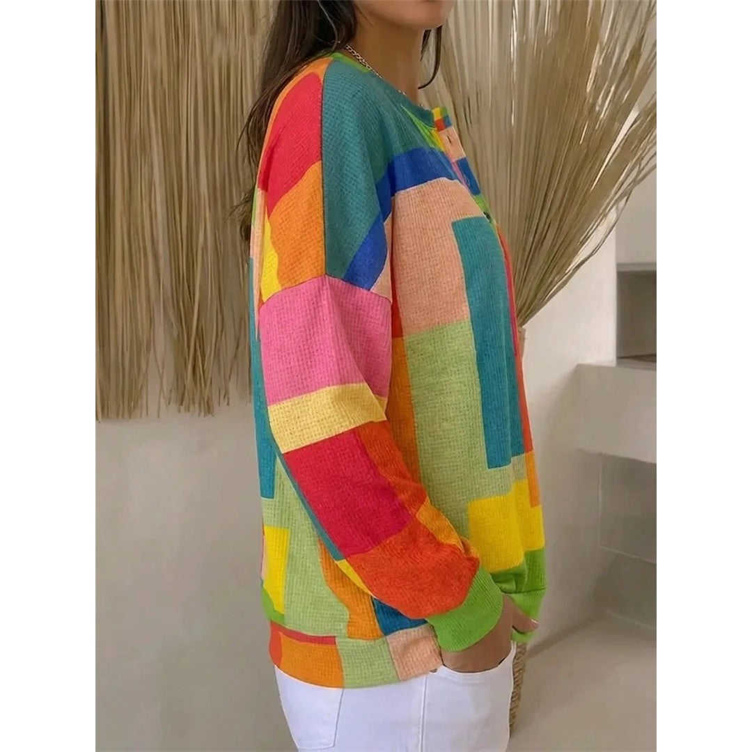 Women's Colorful Block Print Henley Sweatshirt with Button Neckline in multicolor, side view