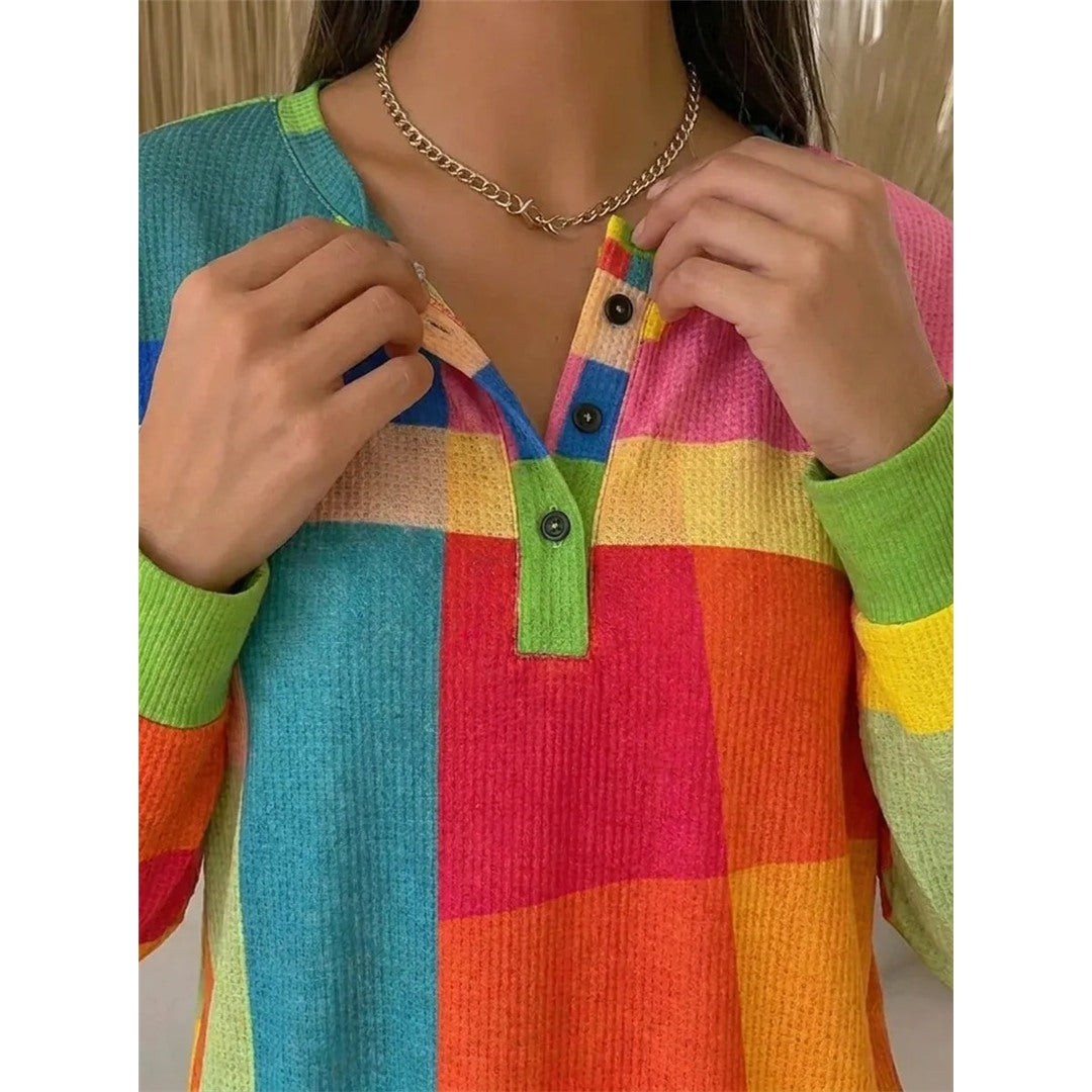 Women's Colorful Block Print Henley Sweatshirt with Button Neckline in multicolor, button placket close-up