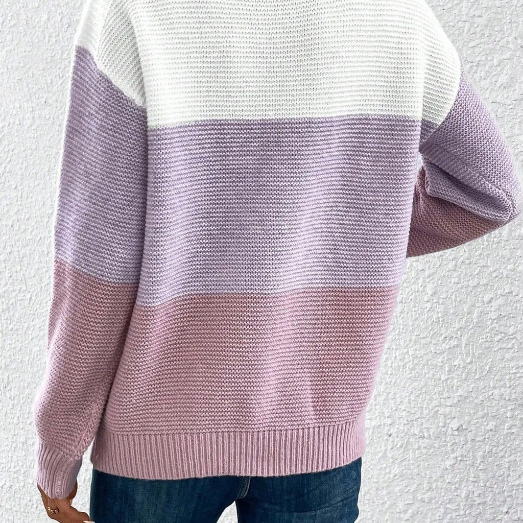 Women's Colour Block Sweater with Wide Round Neck in lilac, back view