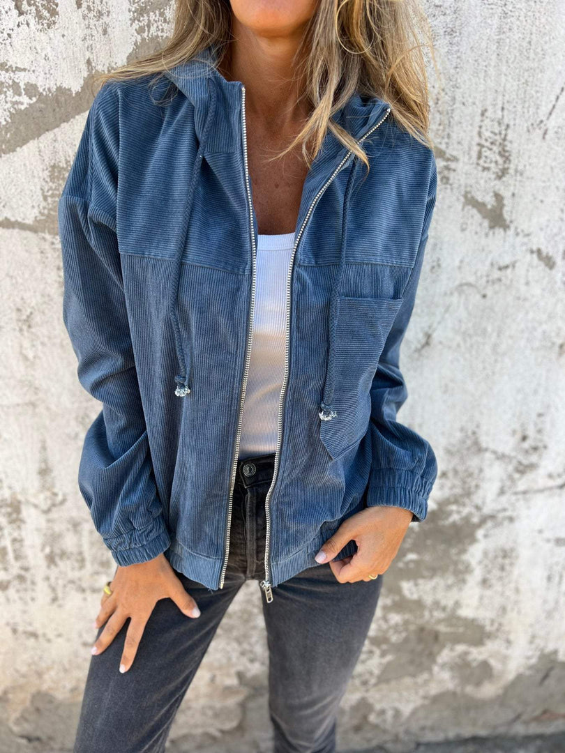 Women's Corduroy Zip Jacket with Hood and Chest Pockets in 5 Colors