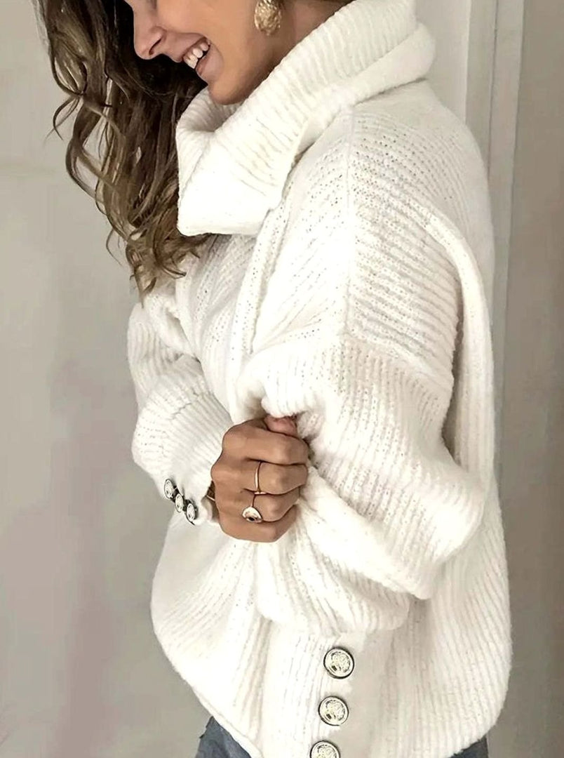 Women's cowl neck button cuff sweater in white – side view