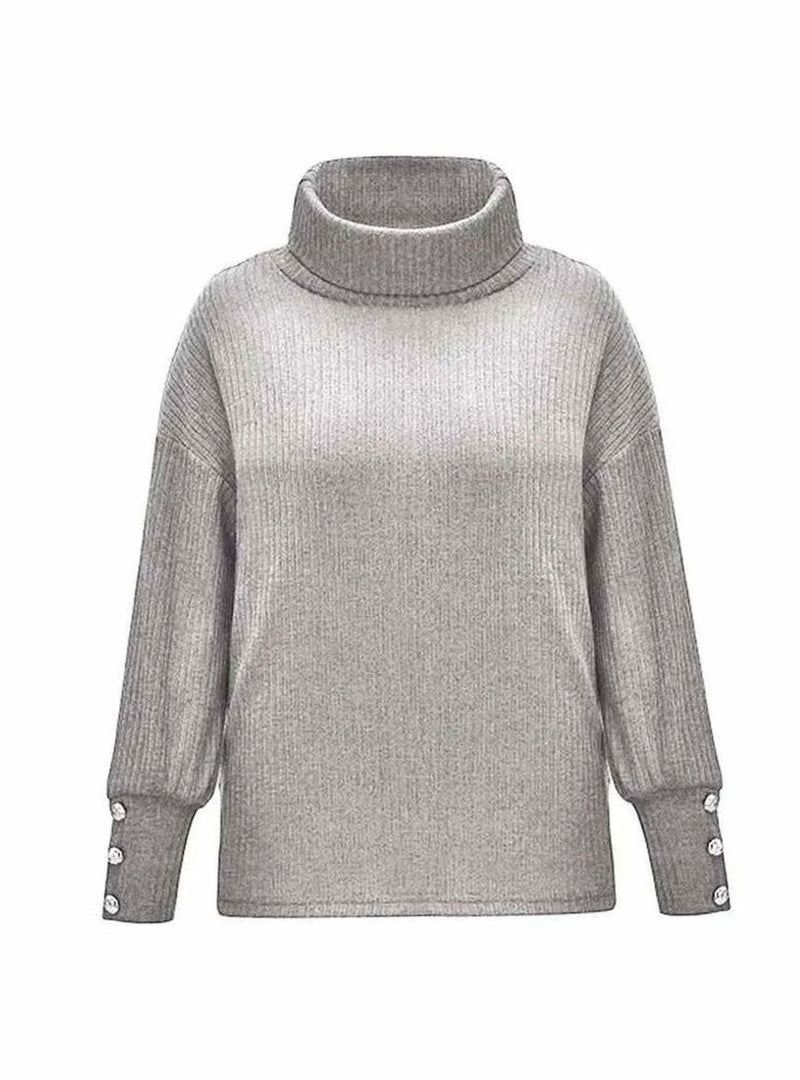 Women's cowl neck button cuff sweater in grey – laid flat