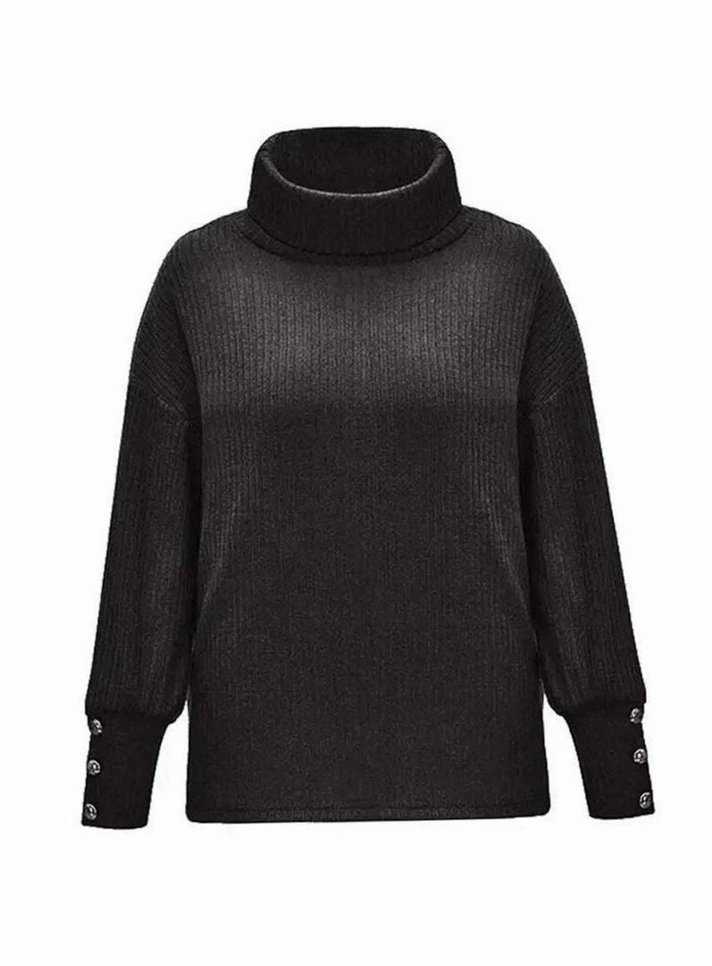 Women's cowl neck button cuff sweater in black – laid flat