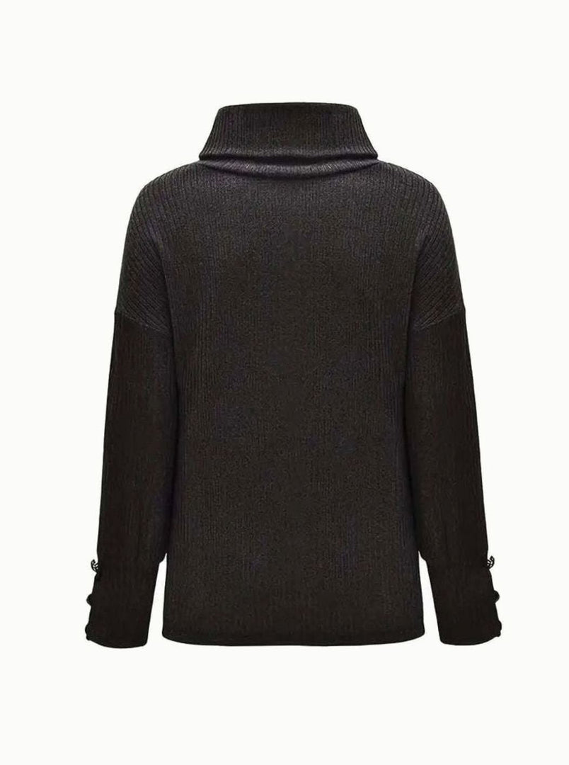 Women's cowl neck button cuff sweater in black – back laid flat