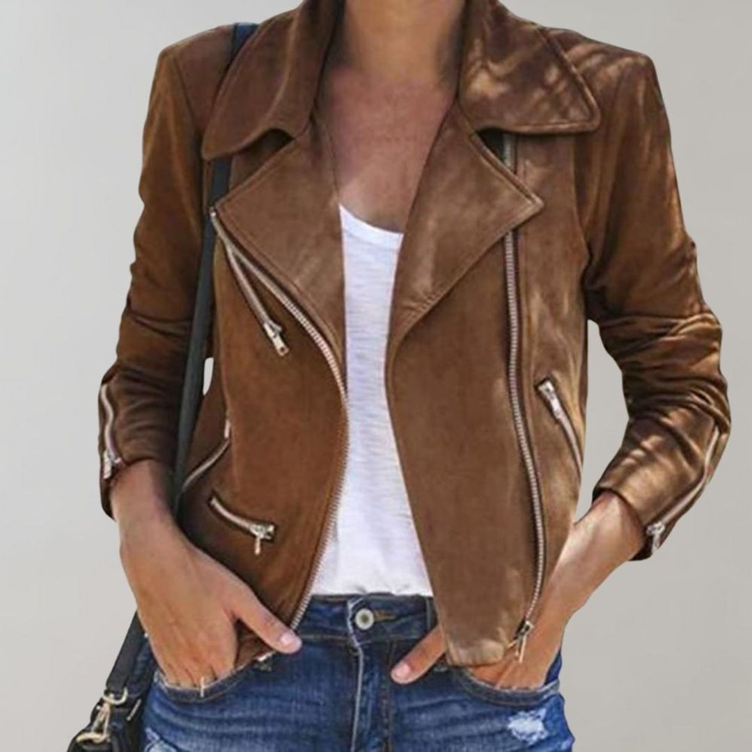 Women's cropped biker jacket with asymmetric zip in cognac