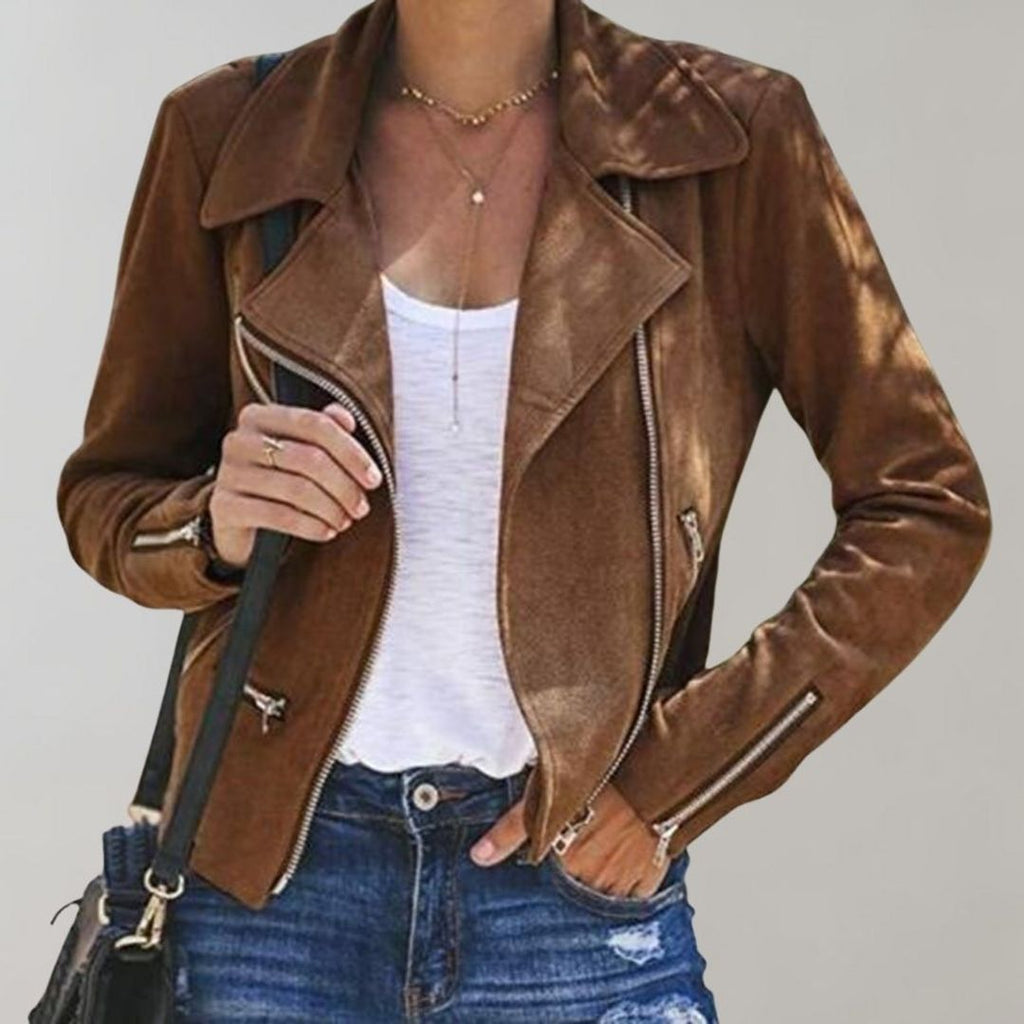 Women's cropped biker jacket with asymmetric zip in cognac, with a bag