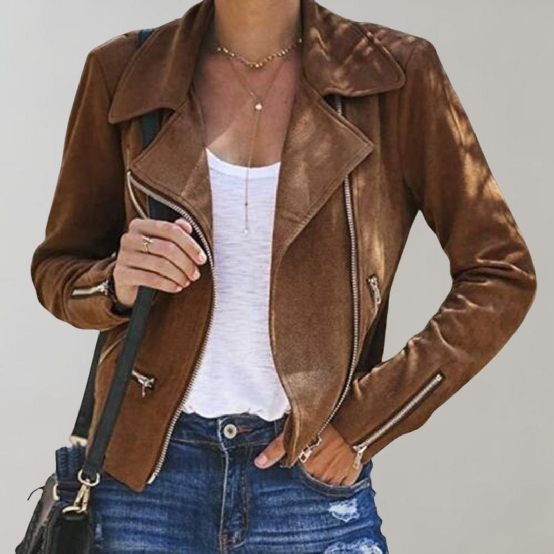 Women's cropped biker jacket with asymmetric zip in cognac, with a bag