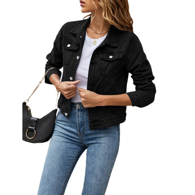 Women's Cropped Denim Jacket with Button Front in 6 Colors for Casual Days