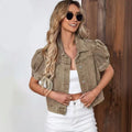 Women's Puff Sleeve Denim Jacket in khaki