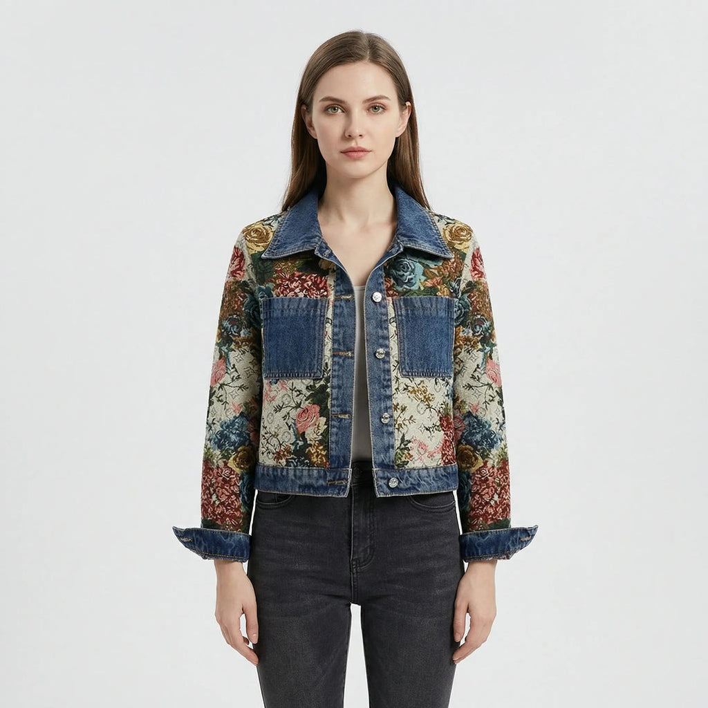 Women's Tapestry Panel Denim Jacket in dark blue