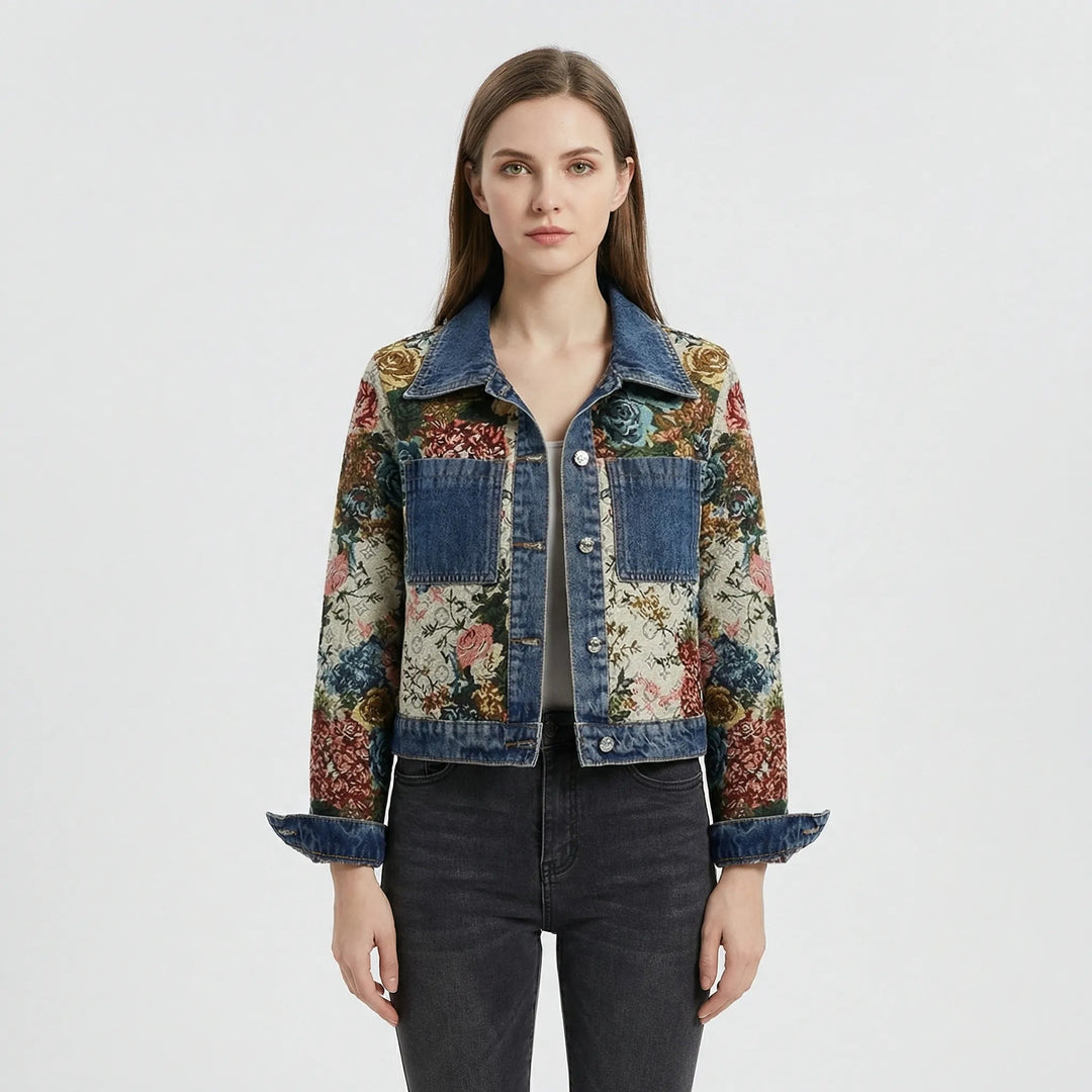Women's Tapestry Panel Denim Jacket in dark blue