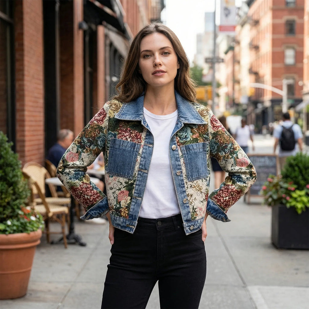 Women's tapestry panel denim jacket in dark blue – street look