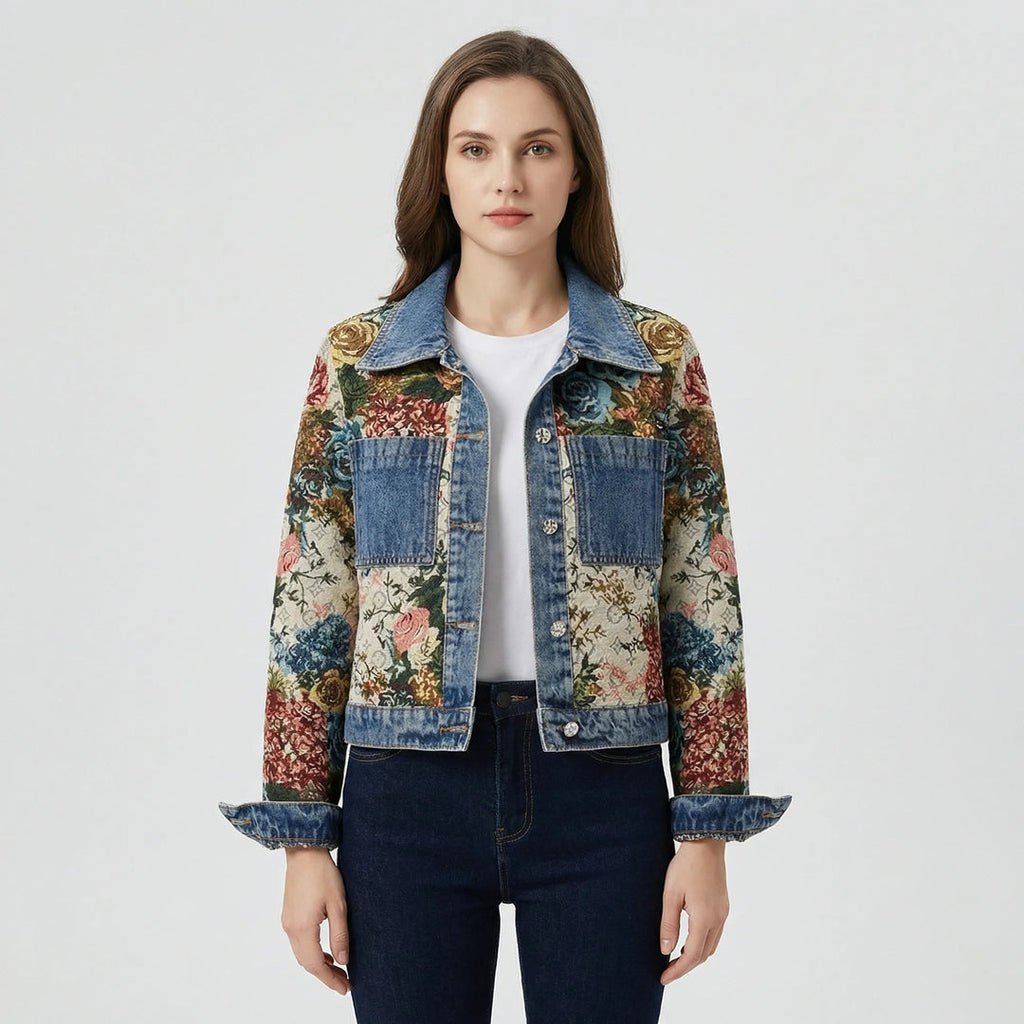 Women's tapestry panel denim jacket in dark blue – back view