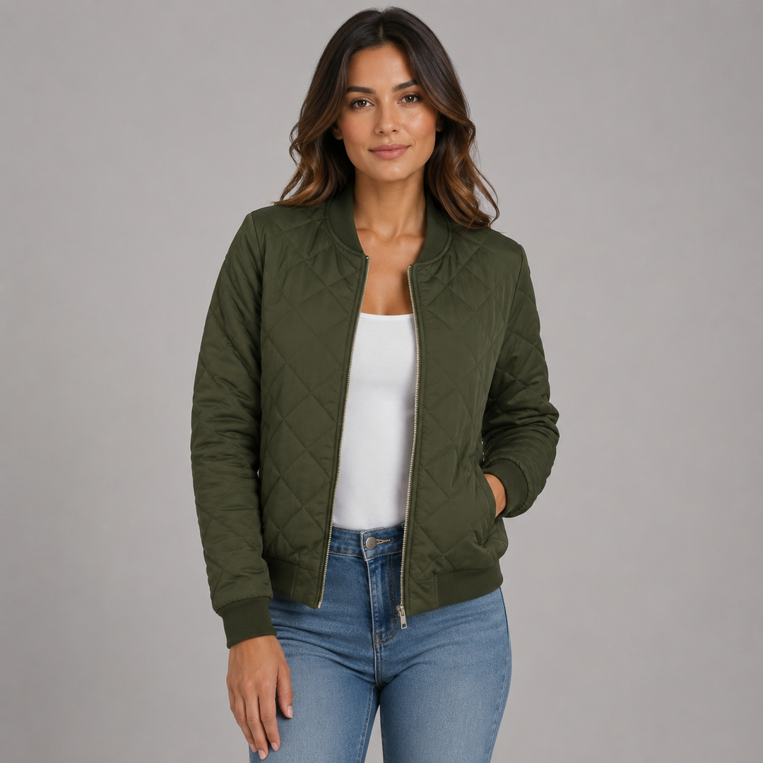 Women's Cropped Quilted Bomber Jacket in olive green